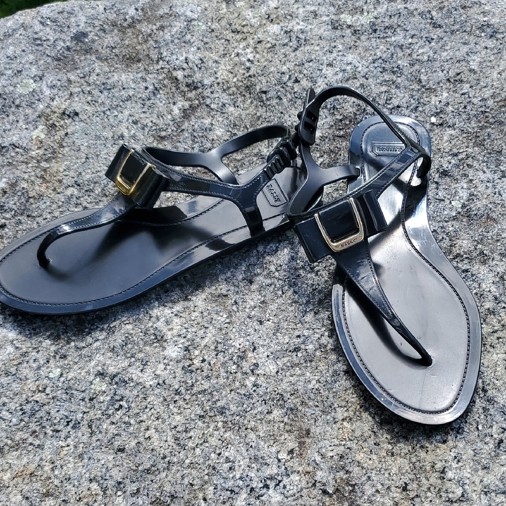 Bally Black and Gold-Tone Sandals with Minimalist Design Size 8.5